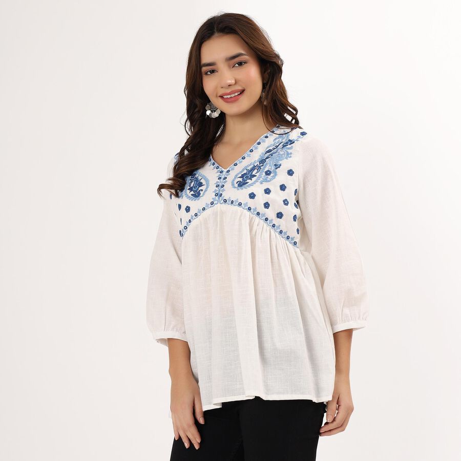 Women's White Cotton Round Neck Embroidered Kurti, सफ़ेद, large image number null