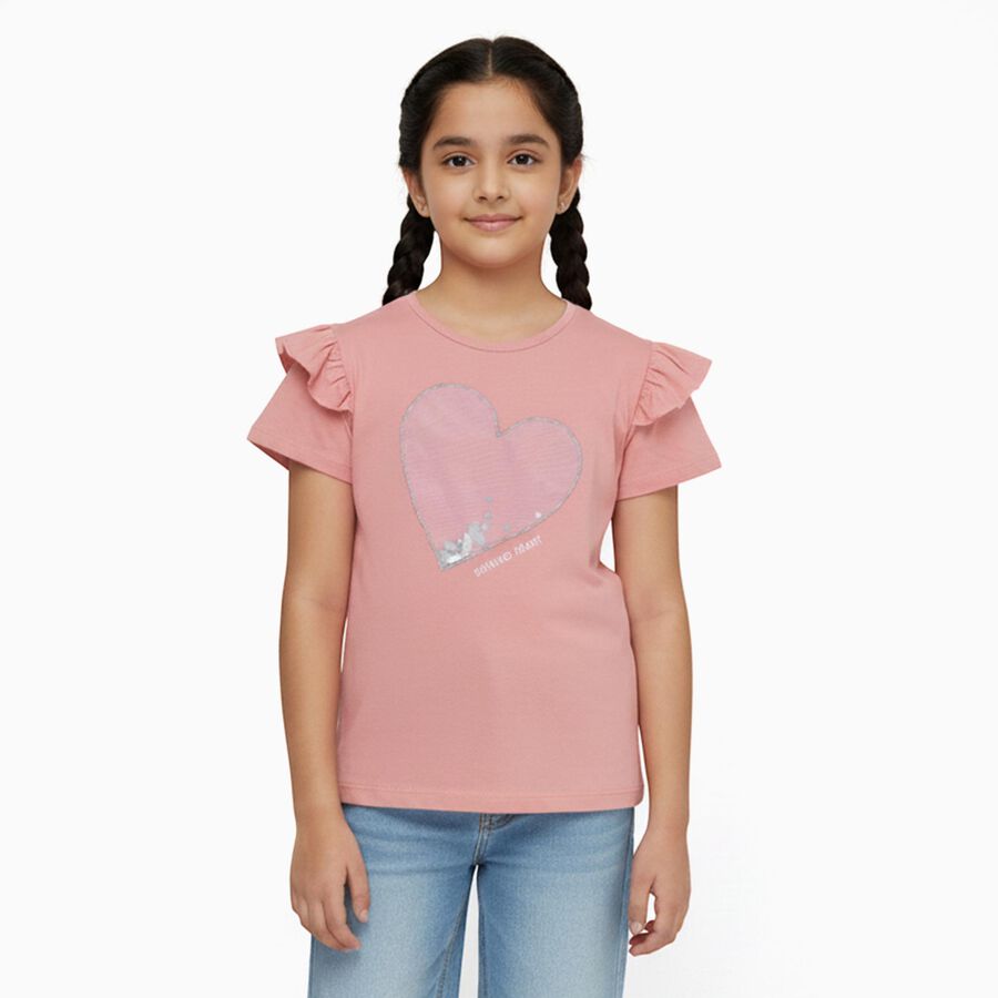 Girls Light Pink Cotton Round Neck Casual T-Shirt, हल्का गुलाबी, large image number null