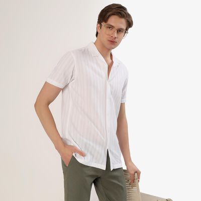 Men's White Cotton Half Sleeve Cuban Collar Casual Shirt