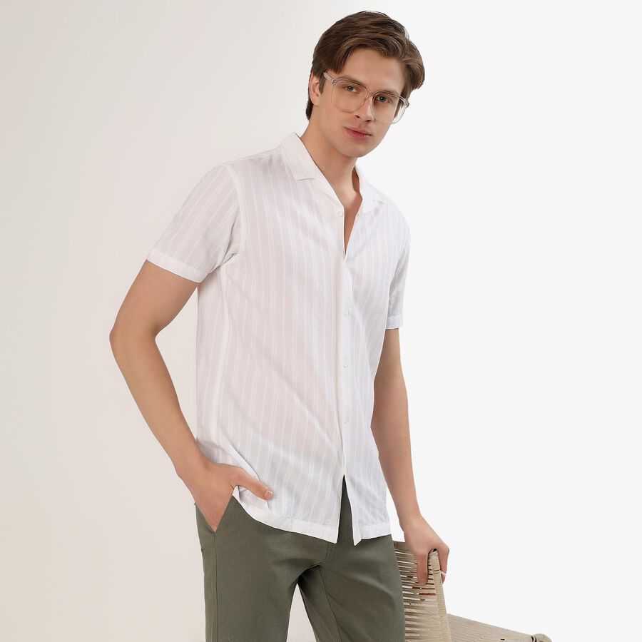 Men's White Cotton Half Sleeve Cuban Collar Casual Shirt, White, large