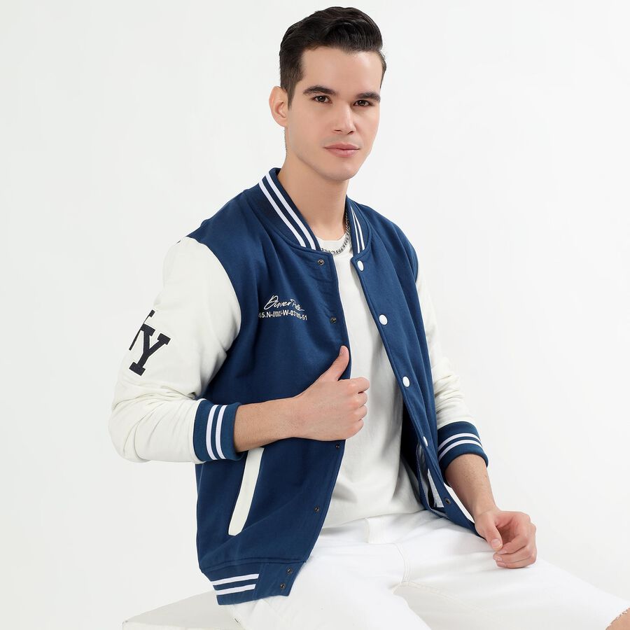 Men's Deep Midnight Navy Blue and Ivory White Striped Collar Varsity Sweatshirt, Mid Blue, large image number null