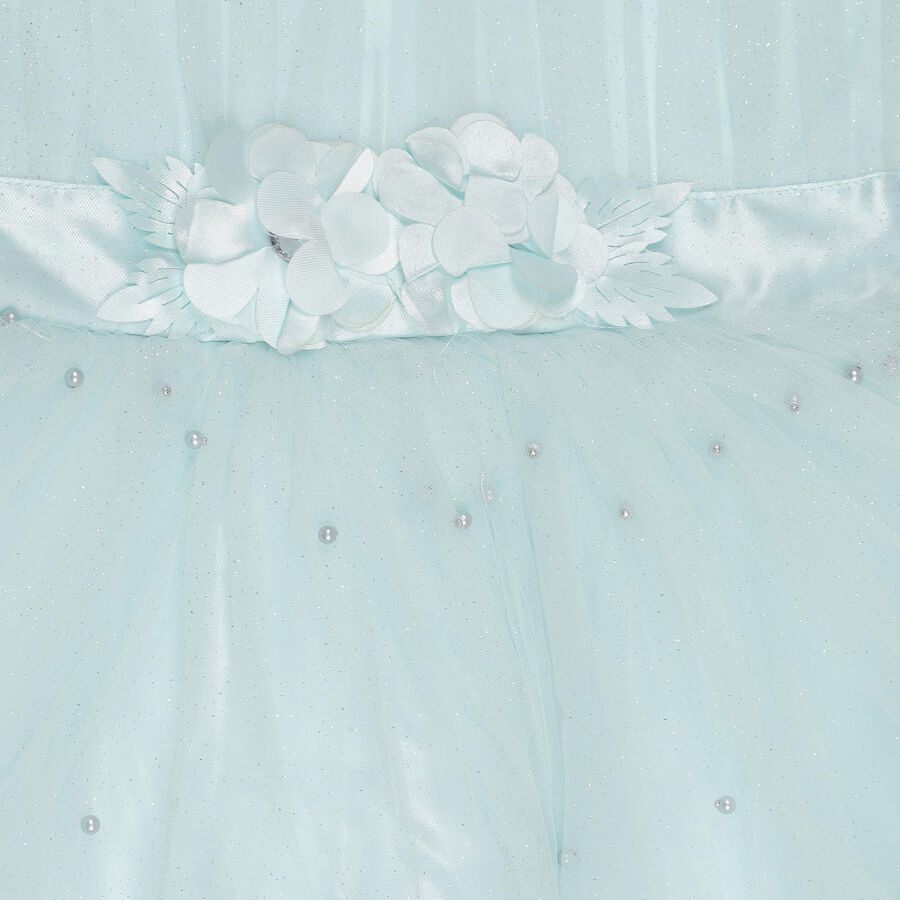 Girls' Light Aqua Blue Flared Embellished Short Sleeves Frock, Light Blue, large image number null
