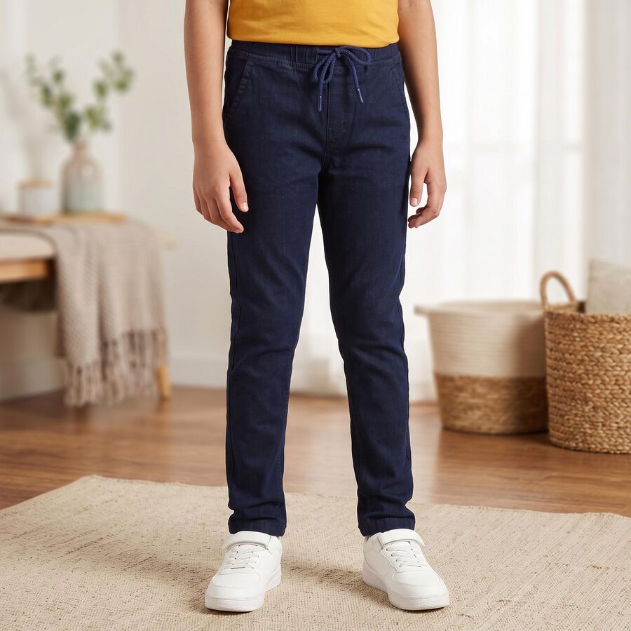 Boys Navy Blue Slim Fit Drawstring Waist Jeans, मध्यम नीला, large