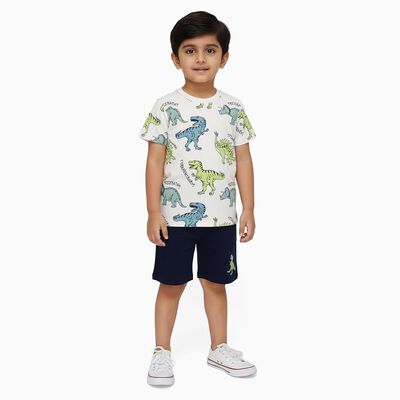 Boys' Off White Cotton Round Neck Dinosaur Printed Baba Suit
