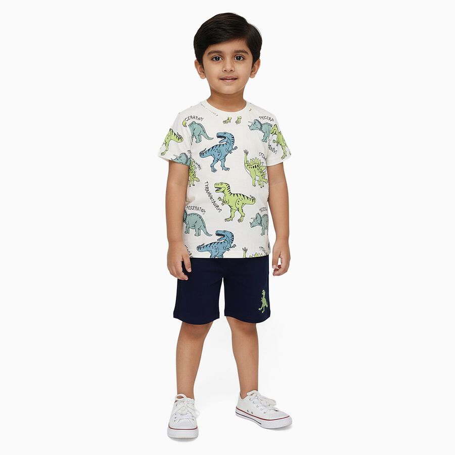 Boys' Off White Cotton Round Neck Dinosaur Printed Baba Suit, Off White, large image number null