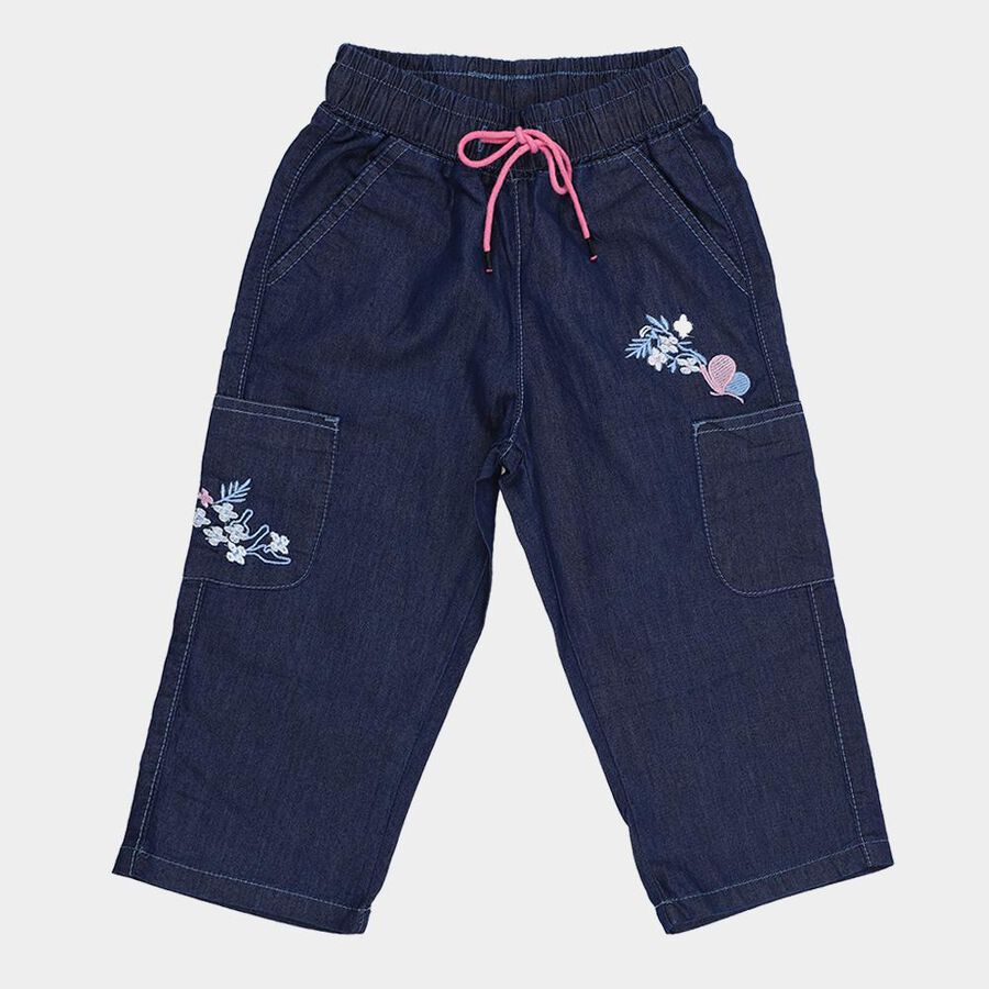 Girls' Deep Navy Cargo Fit Embroidered Jeans, गहरा नीला, large image number null