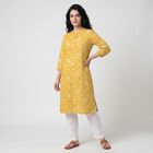 Women's Yellow Mandarin Collar Floral Printed Kurta, Yellow, small