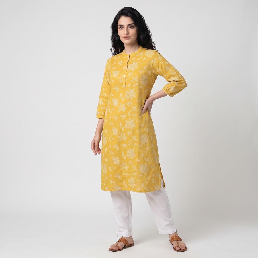 Women's Yellow Mandarin Collar Floral Printed Kurta, Yellow, large
