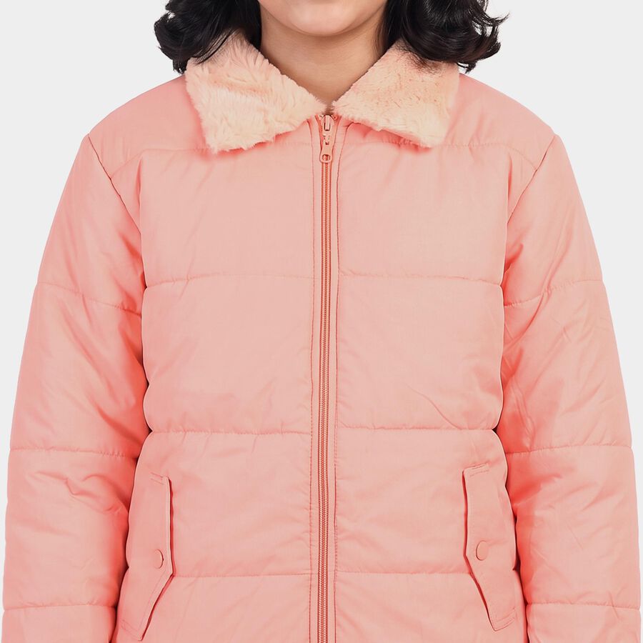 Girls' Pink Faux Fur Collar Puffer Jacket, Pink, large