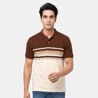 Men's Brown Polo Neck Striped T-Shirt, Brown, small