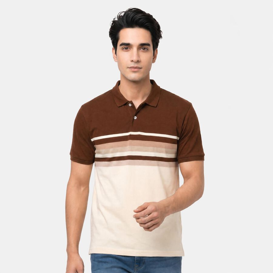 Men's Brown Polo Neck Striped T-Shirt, Brown, large