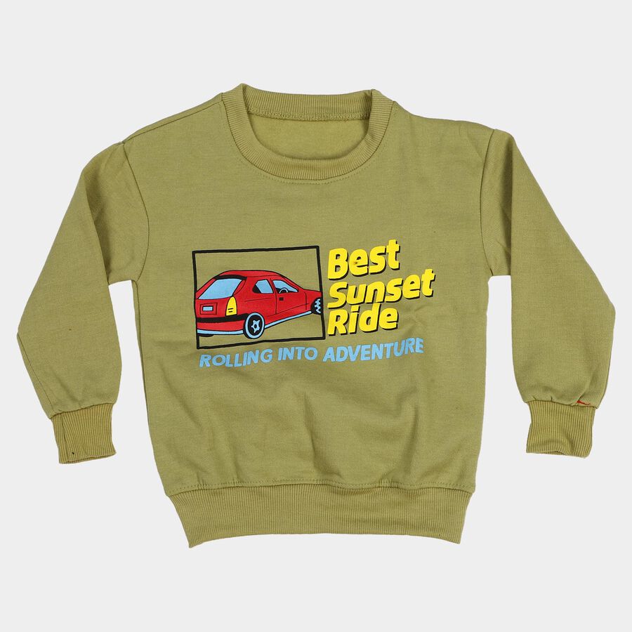 Boys' Olive Green Crew Neck Graphic Print Sweatshirt, ओलिव, large