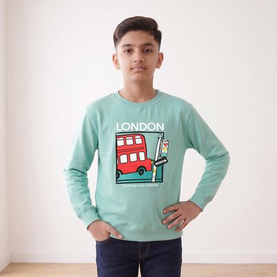 Boys' Mint Green Crew Neck Graphic Print Sweatshirt