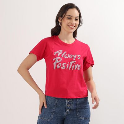 Women's Bright Fuchsia Cotton Round Neck Embellished T-Shirt