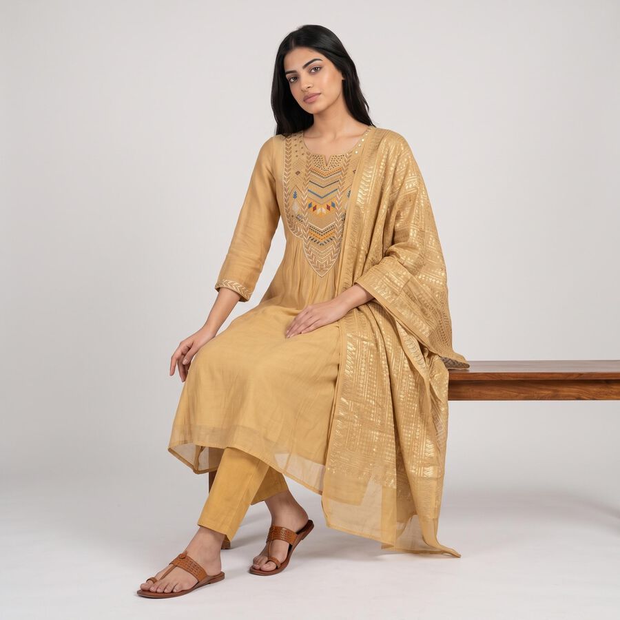 Women's Beige Notch Neck Embroidered Flared Kurta, Beige, large