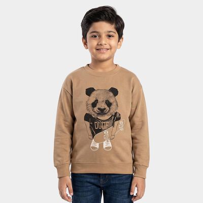 Boys' Beige Crew Neck Pullover Graphic Print Sweatshirt