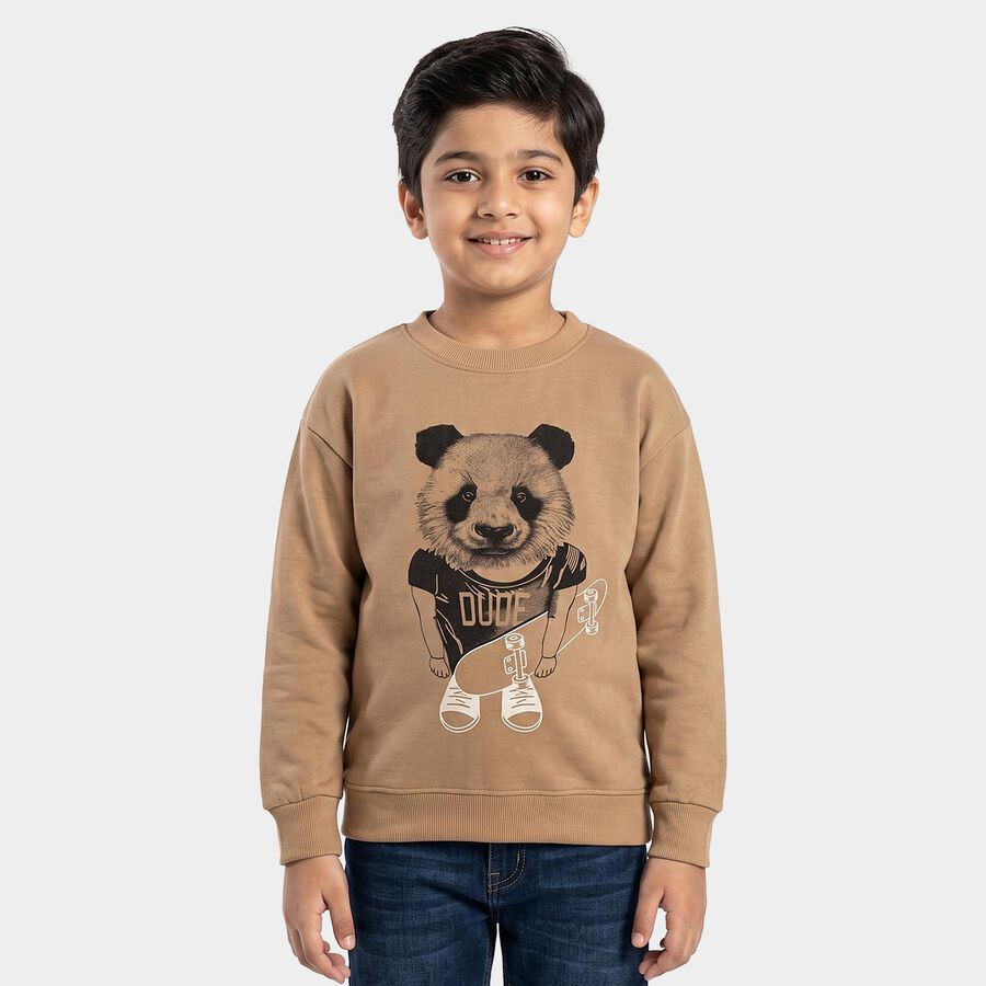Boys' Beige Crew Neck Pullover Graphic Print Sweatshirt, गहरा पीला, large