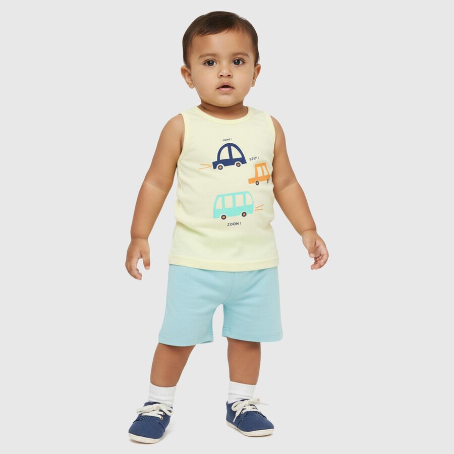 Infants' Soft Pastel Yellow Cotton Round Neck Casual Vest, Yellow, large image number null
