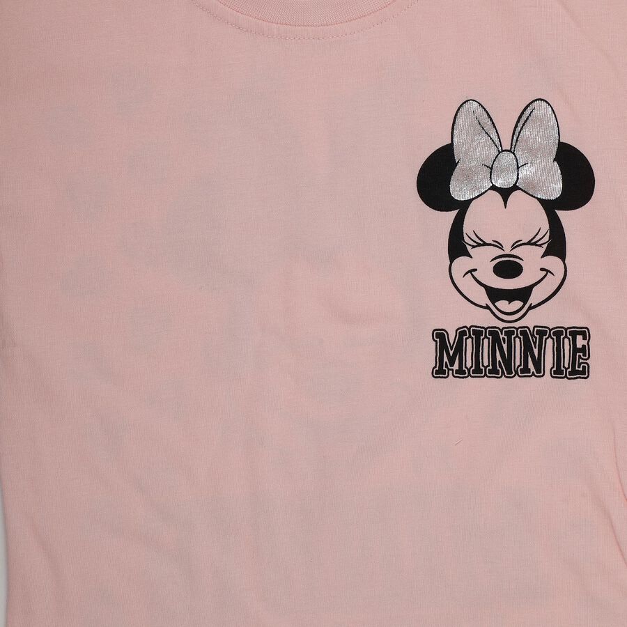 Girls' Pink Cotton Round Neck Minnie Mouse Printed T-Shirt, हल्का गुलाबी, large