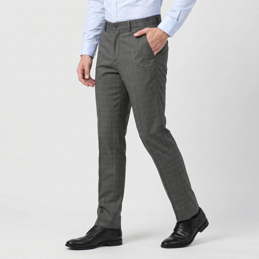 Men's Grey Slim Fit Checked Formal Trousers, Dark Grey, large