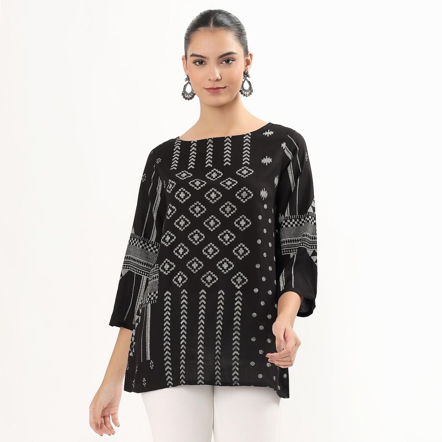 Women's Black Round Neck Printed Kurti, Black, large image number null