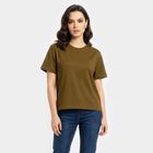 Women's Olive Green Cotton Round Neck Regular T-Shirt, Olive, small