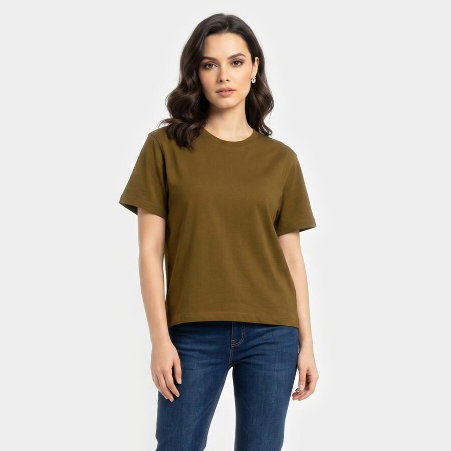 Women's Olive Green Cotton Round Neck Regular T-Shirt, Olive, large
