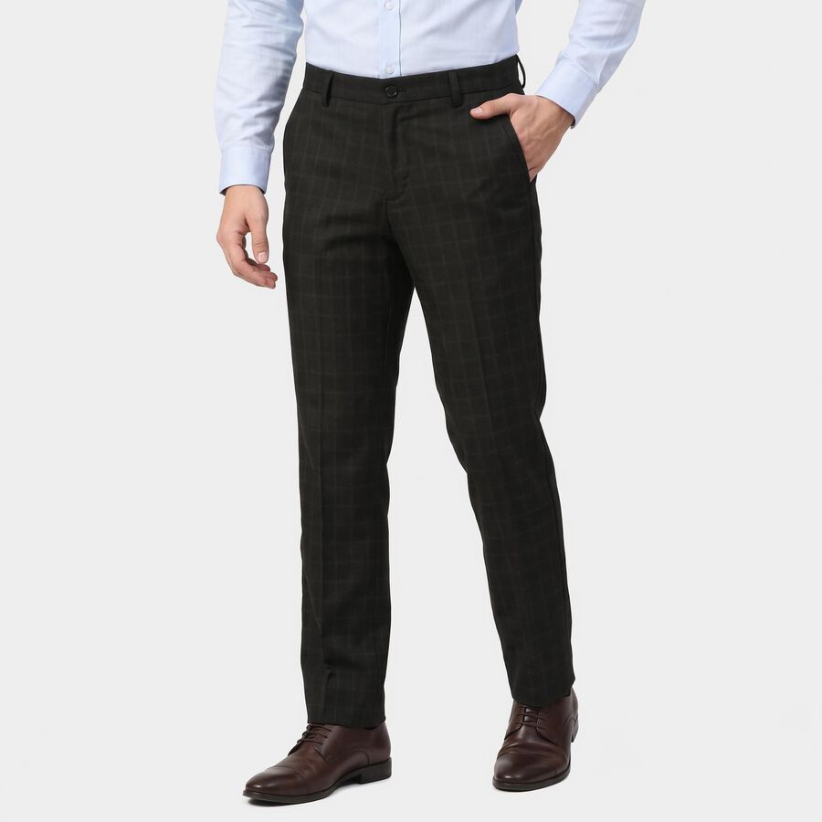 Men's Black Slim Fit Checked Formal Trousers, Black, large