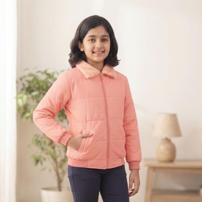 Girls' Pink Faux Fur Collar Puffer Jacket