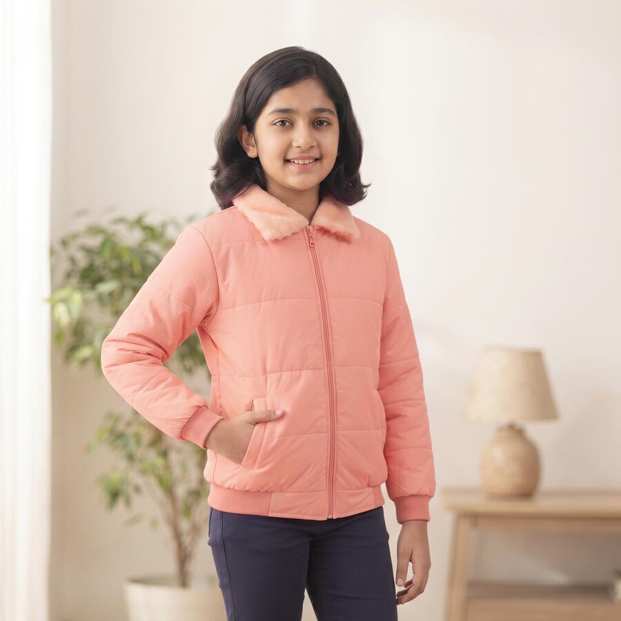 Girls' Pink Faux Fur Collar Puffer Jacket, Pink, large