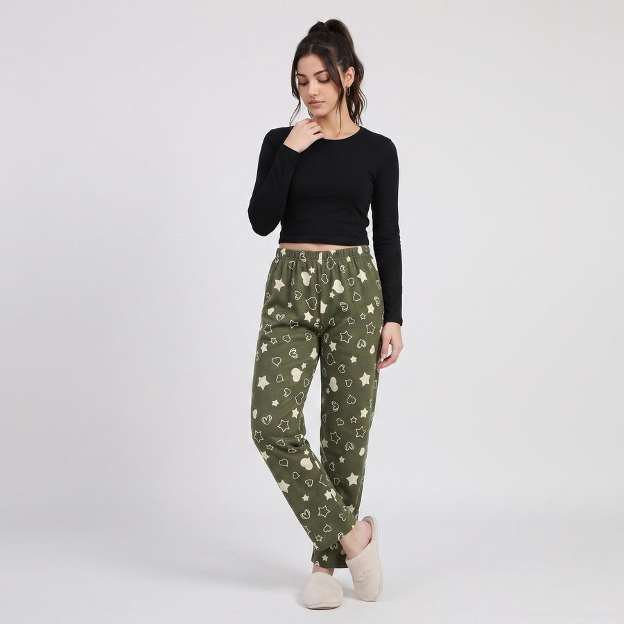 Women's Olive Green Straight Fit Heart and Star Printed Pyjama, Olive, large