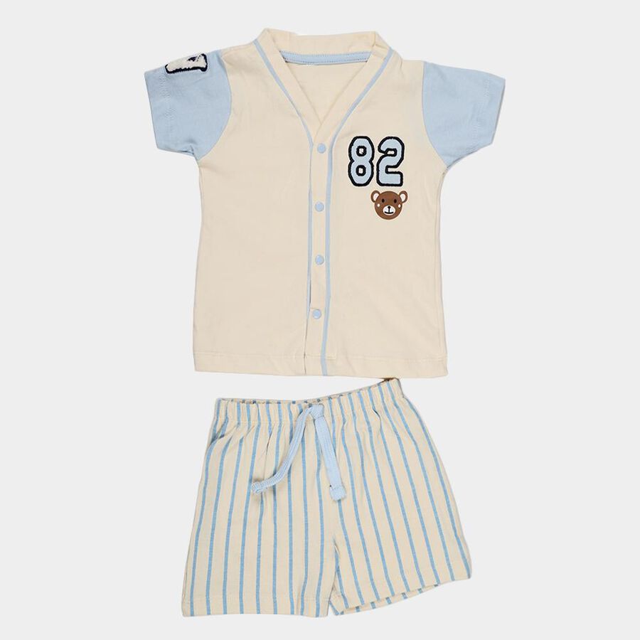 Infants' Beige Cotton V-Neck Embroidered Baba Suit, गहरा पीला, large