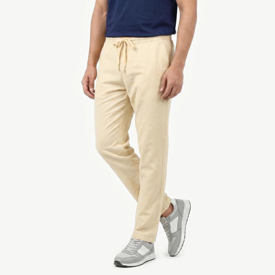 Men's Grey Slim Fit Drawstring Casual Trousers, Ecru Melange, large