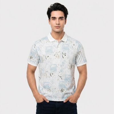 Men's White Cotton Polo Neck Printed T-Shirt