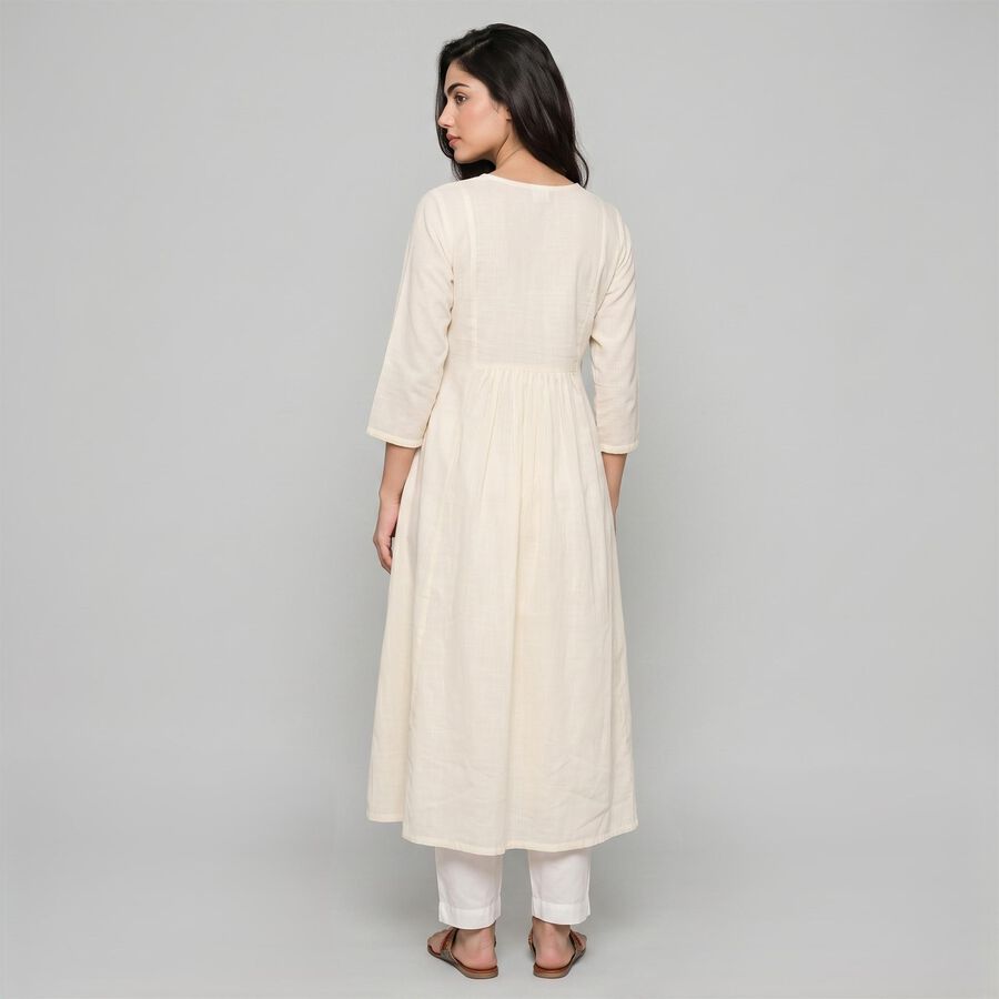 Women's Off White Cotton V-Neck Embroidered Kurta, ऑफ व्हाइट, large