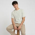 Men's Green Round Neck Regular Striped T-Shirt, हल्का हरा, small