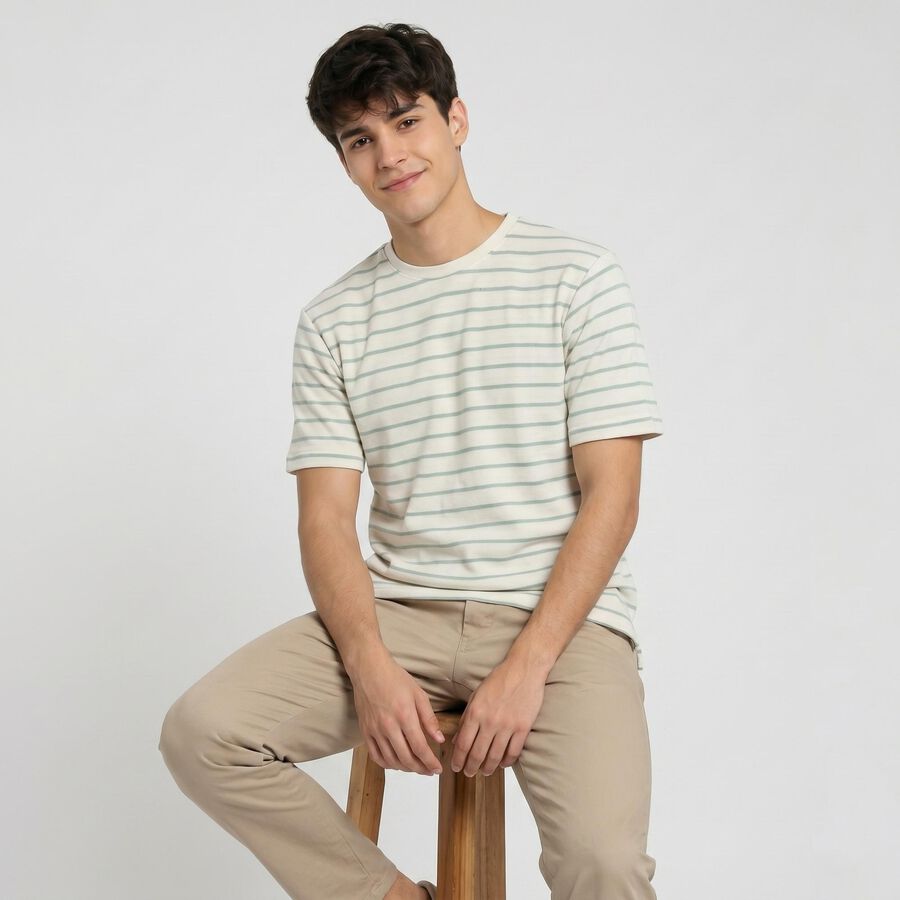 Men's Green Round Neck Regular Striped T-Shirt, हल्का हरा, large