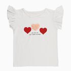 Girls White Cotton Round Neck Ruffle Sleeve Graphic T-Shirt, White, small image number null