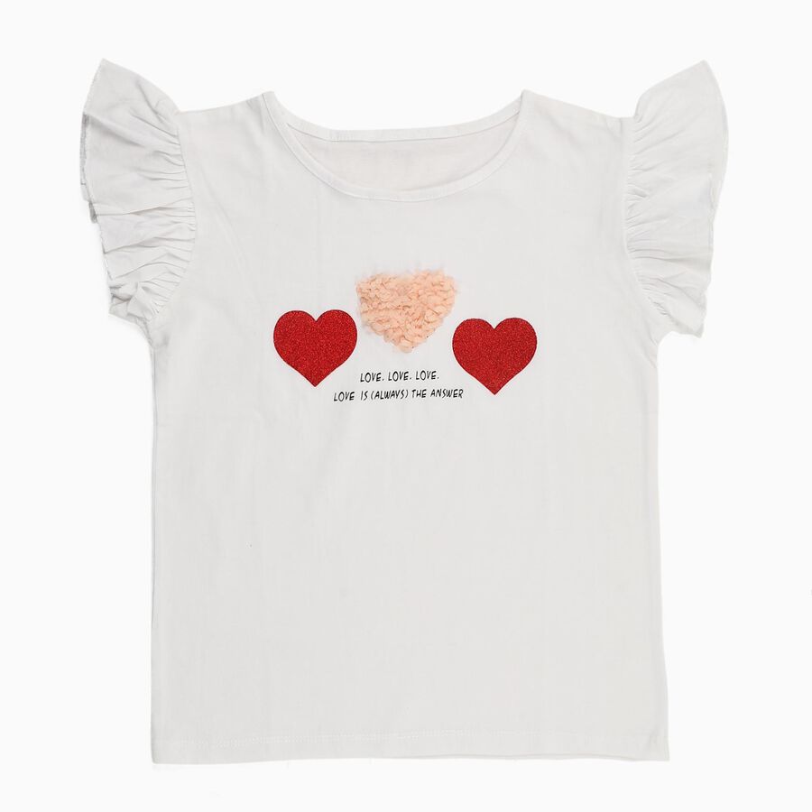 Girls White Cotton Round Neck Ruffle Sleeve Graphic T-Shirt, White, large image number null