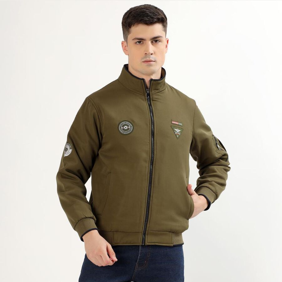 Men's Muted Olive Green High Neck Casual Bomber Jacket, Khaki, large image number null
