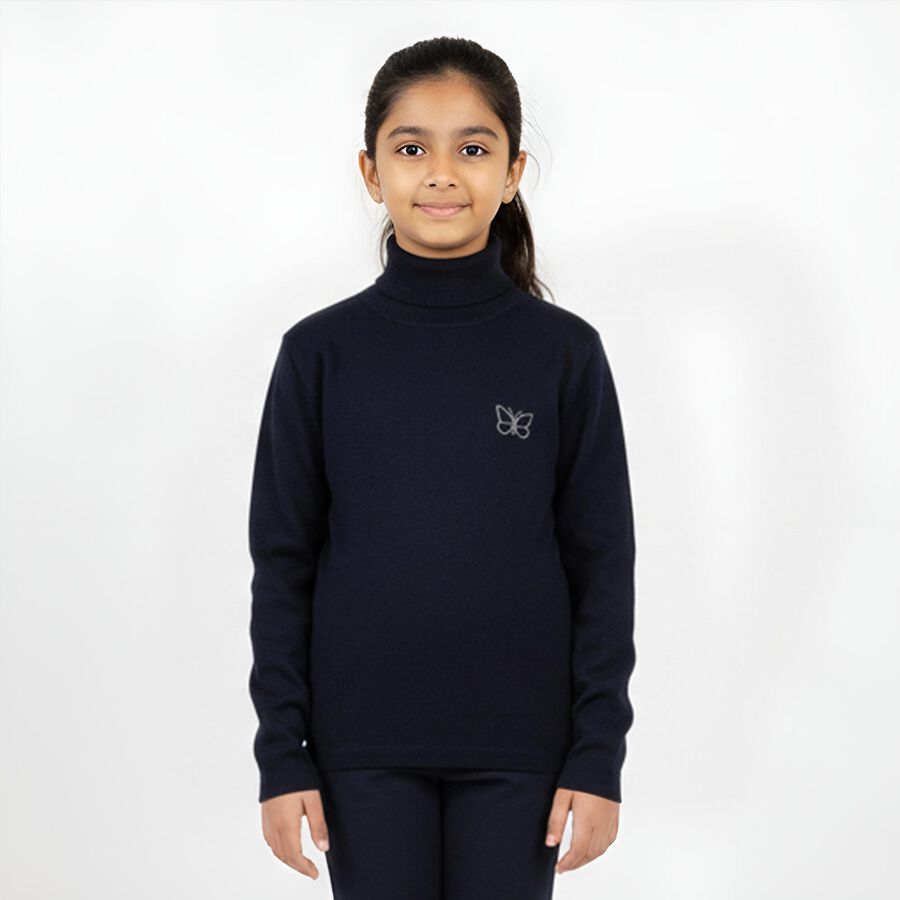 Girls Deep Midnight Navy Blue Turtleneck Casual Pullover, Navy Blue, large image number null