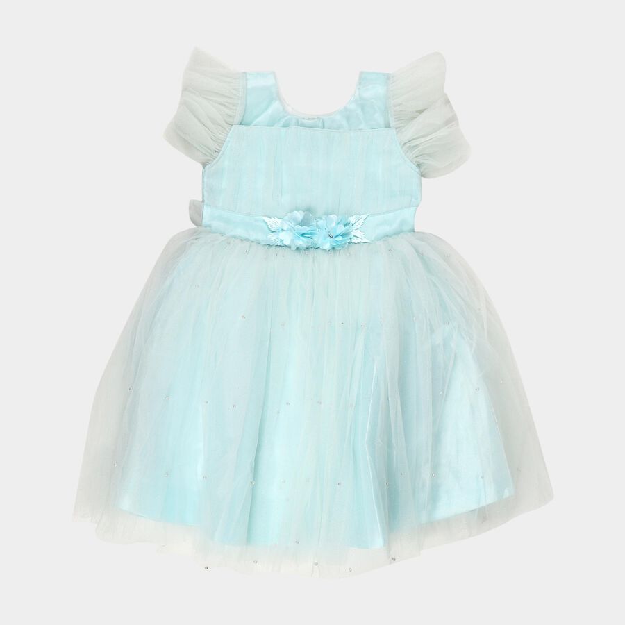 Girls' Navy Blue and Pink Fit and Flare Floral Printed Frock, हल्का नीला, large