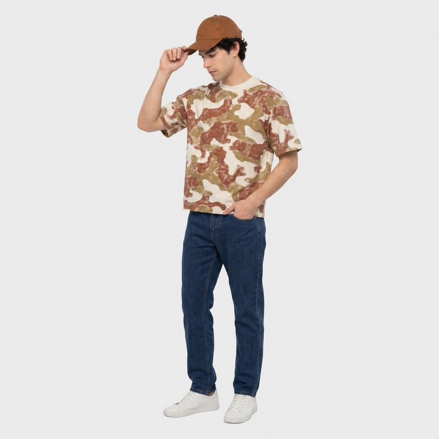Men's Off White-Color Round Neck Camouflage Regular T-Shirt, Off White, large