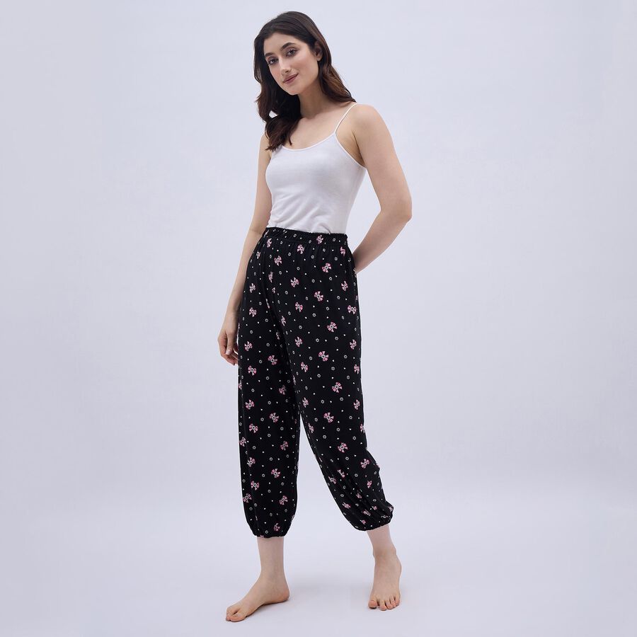 Women's Jet Black Relaxed Fit Floral Print Harem Pants, काला, large image number null