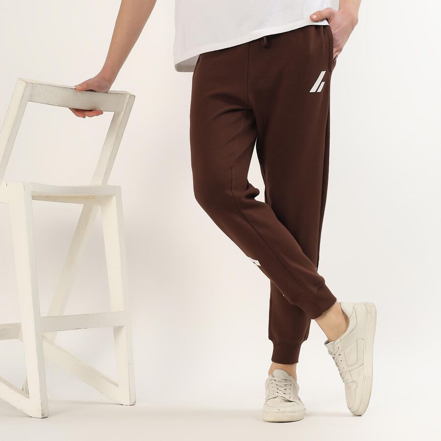 Men's Deep Mocha Brown Tapered Fit Printed Track Pants, Brown, large