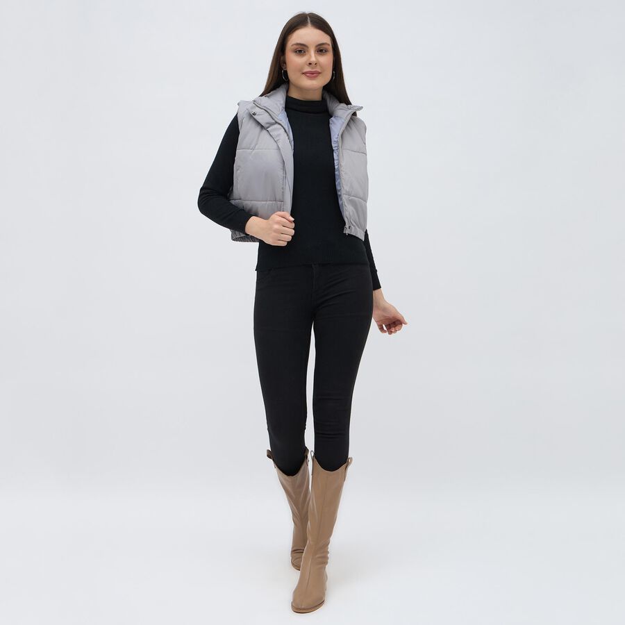 Women's Light Grey High Neck Sleeveless Puffer Jacket, Light Grey, large image number null