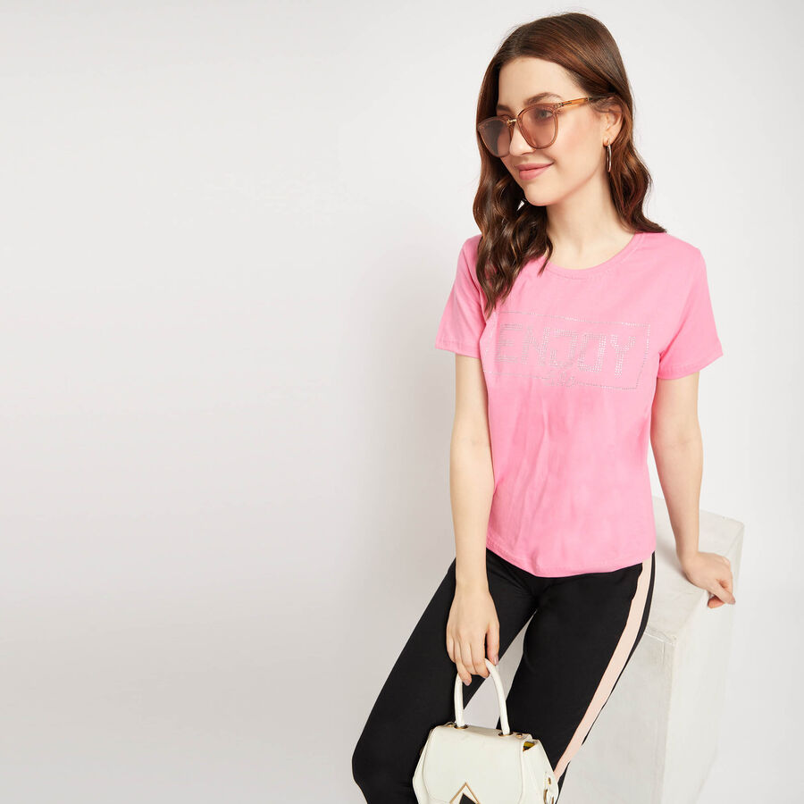 Cotton Round Neck T-Shirt, Pink, large image number null