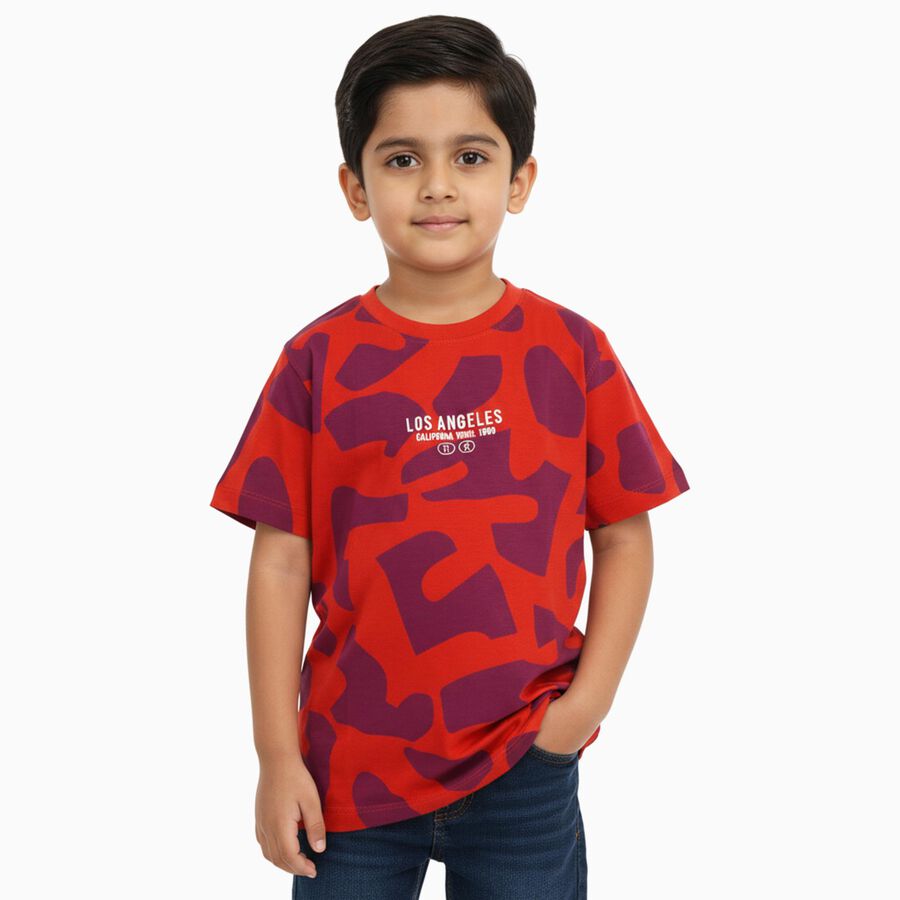 Boys Bright Red Cotton Round Neck Casual T-Shirt, Orange, large