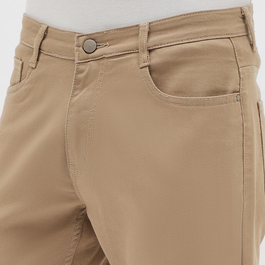 Men's Muted Beige Slim Fit Flat-Front Casual Trousers, खाकी, large image number null