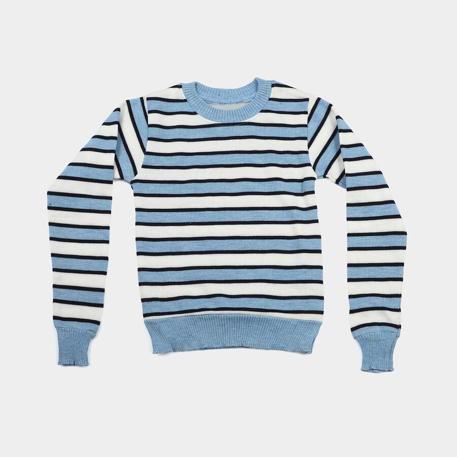 Boys' Light Blue Crew Neck Striped Pullover, Light Blue, large